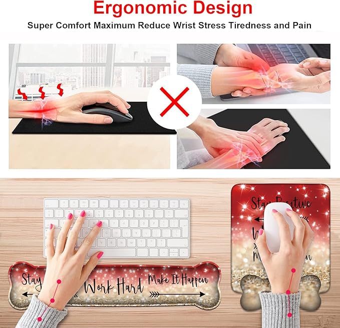 Keyboard Wrist Rest and Mouse Pad Wrist Support Set,Stay Positive Work Hard and Make It Happen Inspirational Quote Non-Slip Rubber PU Base for Home Office Working Studying Easy Typing & Pain Relief