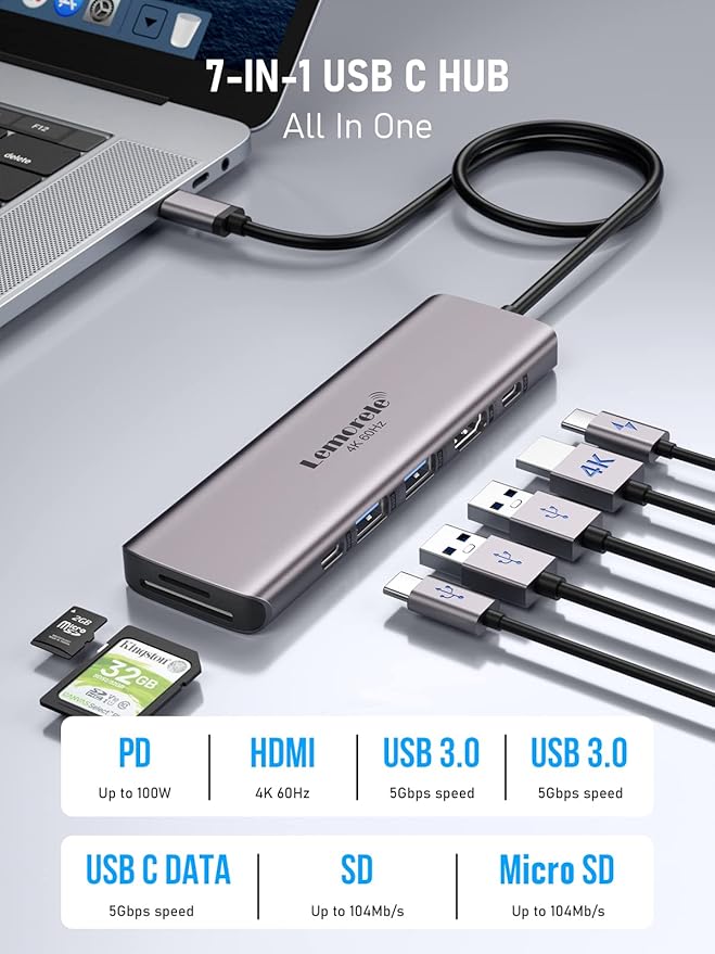 USB C Hub Multiport Adapter,7-in-1 4K 60Hz HDMI Docking Station, 100W PD, SD/TF 3.0 Slots, 2 USB 3.0 & USB C 3.0 5Gbps Data Ports, for MacBook, iPad, Surface, XPS, ChromeBook