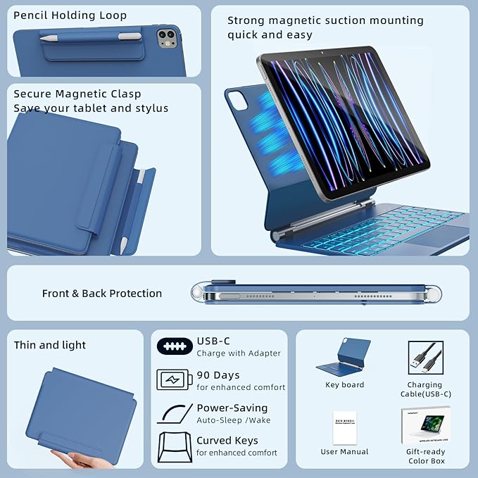 for iPad Air 11 inch Case with Keyboard (M4/M3/M2, 2026/2025/2024), iPad Pro 11 (4th/3rd/2nd/1st Gen) & Air 5/4th Magic Keyboard Case, 11 Colors Backlit, Multi-Touch Trackpad, Steel Blue