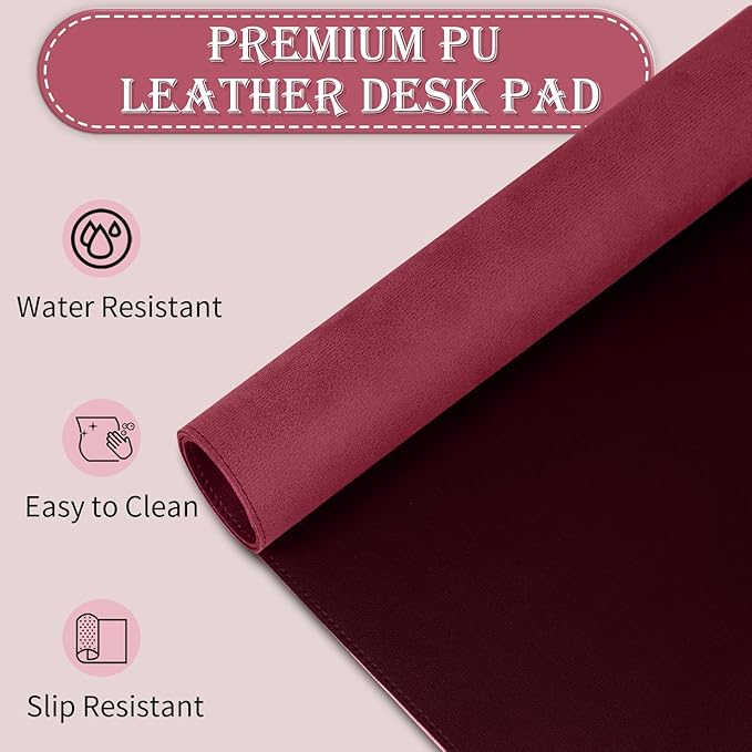 Large Desk Mat 35.4" x 17", PU Leather Desk Pad Protector, Non-Slip Large Mouse Pad for Desk, Waterproof Computer Desk Mat, Office Desk Pad for Keyboard Mouse, Desk Writing Mat (Burgundy)