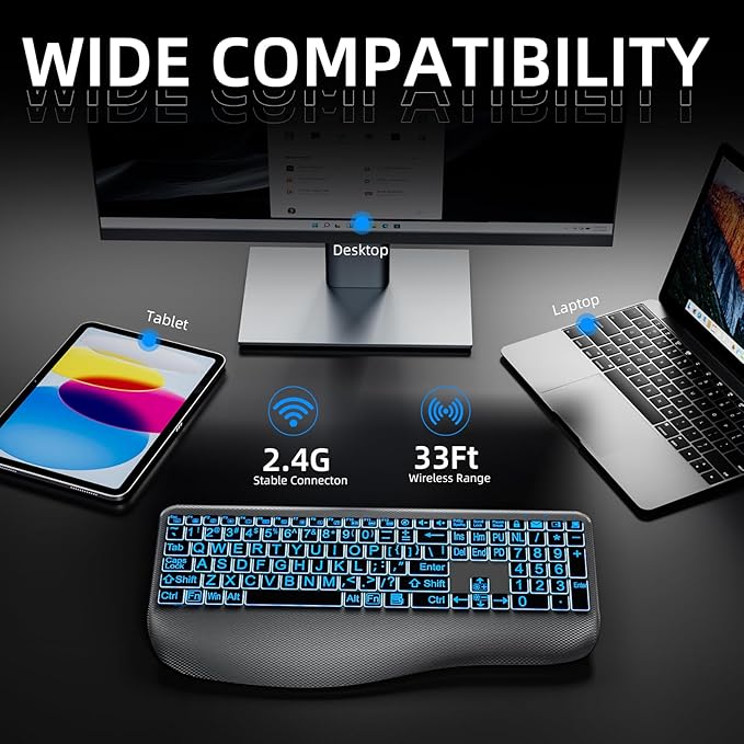 Large Print Backlit Wireless Keyboard – Silent Keyboards with Wrist Rest, 7-Color Light up, Quiet Low Profile Keys, 2.4G Wireless Rechargeable Full Size Keypad for Computer Laptop Windows, Gray