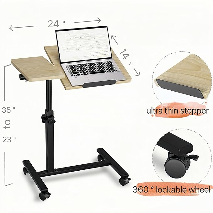 Tilting Over Bed Table Adjustable Height with Wheels Laptop Stand for Couch Hospital Bed Desk Medical Overbed Table Side Tray Tables Computer Workstations-Log