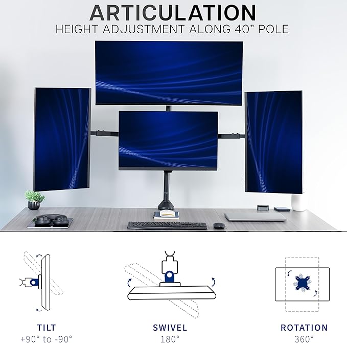 VIVO Premium Quad Ultra Wide LCD LED 27 to 38 inch Monitor Desk Mount, Heavy Duty C-clamp, Extra Tall Pole, Adjustable Telescoping Arms, Flush Wall Setup, Fits 4 Screens, Black, STAND-TS4CT