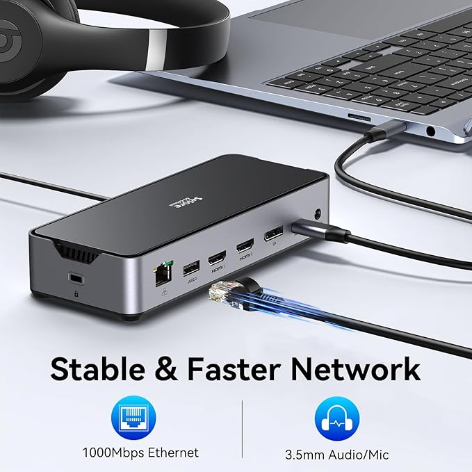 USB C Docking Station 3 Monitors Laptop Dock Dual Monitor with 2 HDMI DisplayPort 4K@144Hz,USB A 2.0/3.0,USB C 3.1 10Gbps&30W Output,Ethernet,microSD&SD,Audio&Mic,150W DC Power for Dell/Lenovo/HP