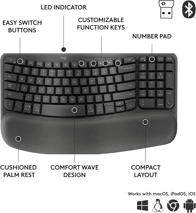Logitech Wave Keys for Business, Wireless Ergonomic Keyboard with Cushioned Palm Rest, Secure Logi Bolt Technology, Bluetooth, Compatible with Windows/Mac/Chrome/Linux - Graphite