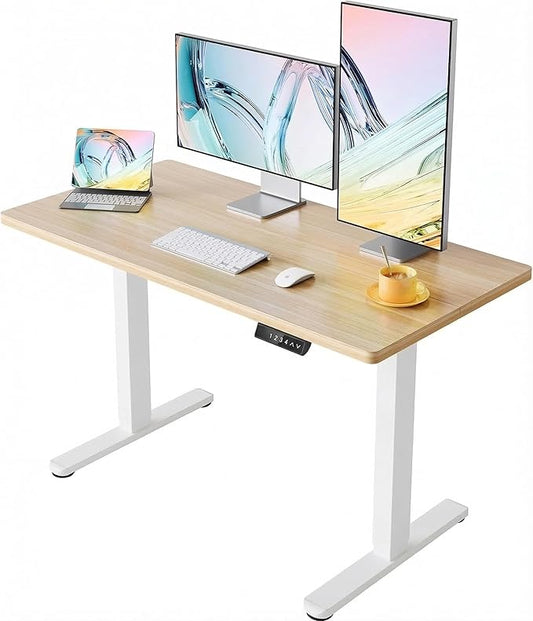 HUANUO Electric Standing Desk, 55 x 24 Inch Height Adjustable Computer Desk with Storage Bag, 4 Height Memory Settings, Sit Stand Up Desk for Home Office, Light Walnut