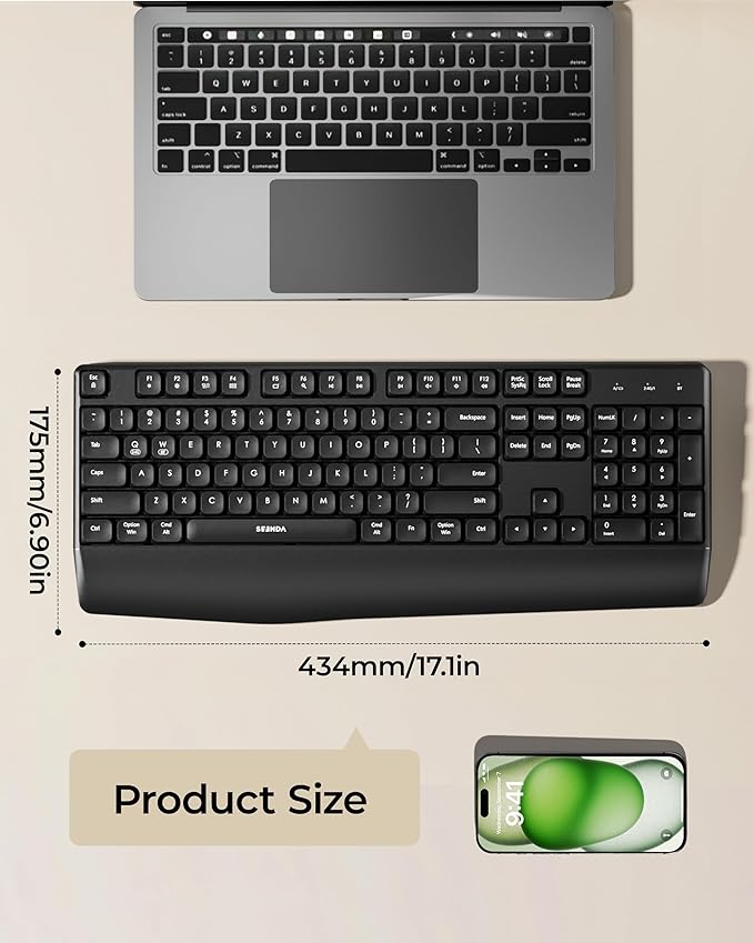 seenda Bluetooth Wireless Keyboard, Wireless Ergonomic Keyboard with Wrist Rest, Multi-Device Bluetooth Keyboard with Number Pad, Full-Size Keyboard for Computer/Laptop/Mac/MacBook, Black