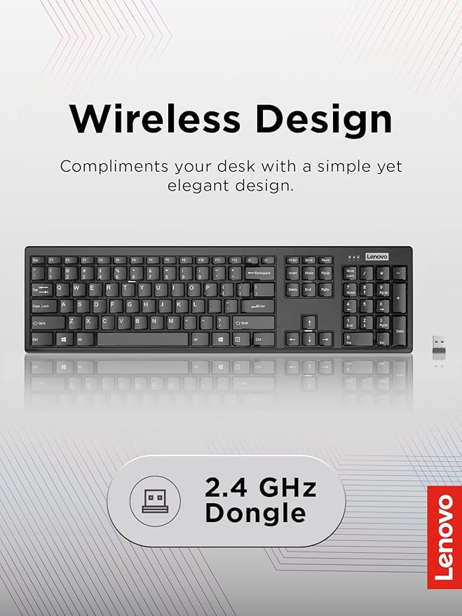 Lenovo 100 Wireless Compact Keyboard – Cordless Keyboard for PC & Laptop with Windows – Silent Keys – Full-Size Layout with Numeric Keypad – Plug & Play USB Receiver – Portable, Black