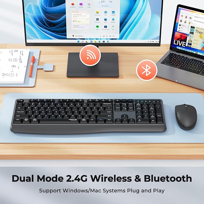 Wireless Keyboard and Mouse Combo, 2.4G/Bluetooth Silent Full-Size Cordless Keyboard Mouse Combo, 3800 DPI Optical Mouse, Wrist Rest, Portable Keyboard Mouse Set for Mac, Windows, Laptop