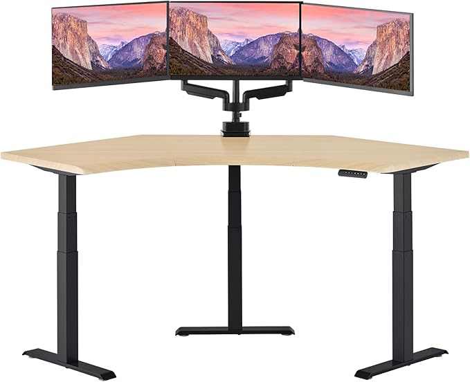 Vari Command Center Electric Standing Desk – 120° Curved Sit-Stand Gaming Desk Corner Workstation for Triple Monitors + Sloped Front Edge, 4 Height Settings, 200 lb Capacity (Light Wood/Black Legs)