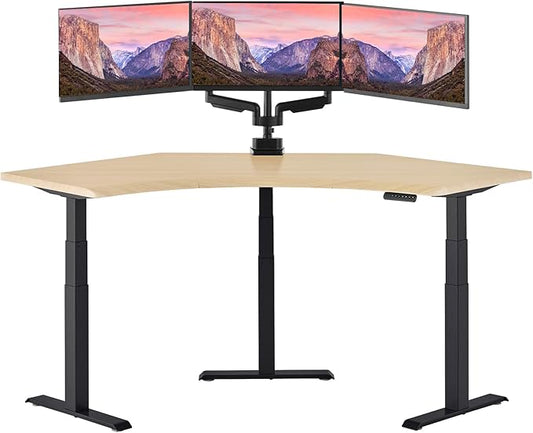 Vari Command Center Electric Standing Desk – 120° Curved Sit-Stand Gaming Desk Corner Workstation for Triple Monitors + Sloped Front Edge, 4 Height Settings, 200 lb Capacity (Light Wood/Black Legs)