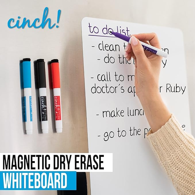 Cinch! Magnetic Whiteboard for Fridge 29 x 21 Inch - Stain-Resistant Dry Erase Board with 4 Fine Tip Markers and Large Eraser - Fridge Whiteboard Planner and Organizer for Kitchen or Office Use
