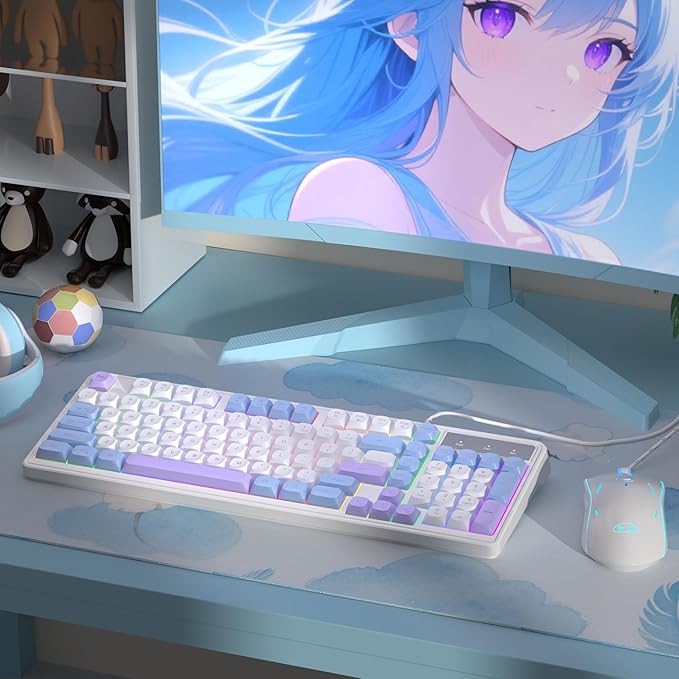 Camiysn Wire Gaming Keyboard, 7 Colorful Rainbow Backlight Classic Gaming Keyboard (BlueWhite-Set)