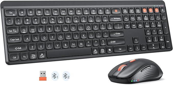 Bluetooth Keyboard and Mouse, 2.4G + Dual Bluetooth Multi Device, Full Size Silent Ergonomic Keyboard with 4 Level DPI Adjustable Wireless Mouse for Windows, Mac OS Desktop/Laptop/PC