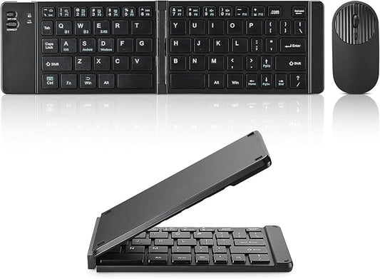 Mini Rechargeable Foldable Bluetooth Keyboard and Mouse Combo, Portable (Sync Up to 3 Devices), Ultra-Slim Travel Folding Keyboard for iPhone iPad Mac Android Windows iOS（Black）