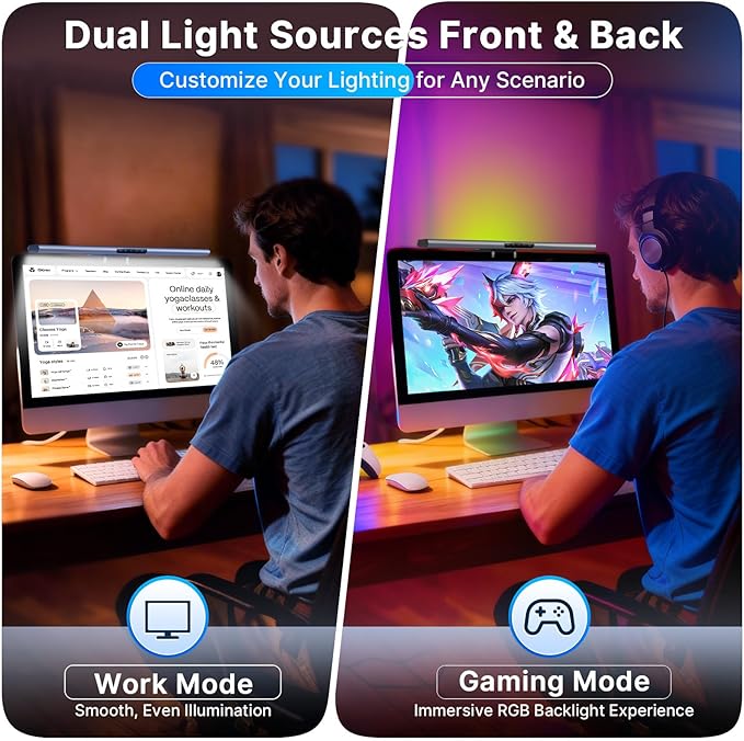 Syrinx Computer Monitor Light Bar with Backlight for Home Office, Eye-Caring USB LED Reading Lamp, Dimmable Screen Monitor Lamp, Smart Motion Sensor, Touch Control, CRI 95+, No Screen Glare for (RGB)