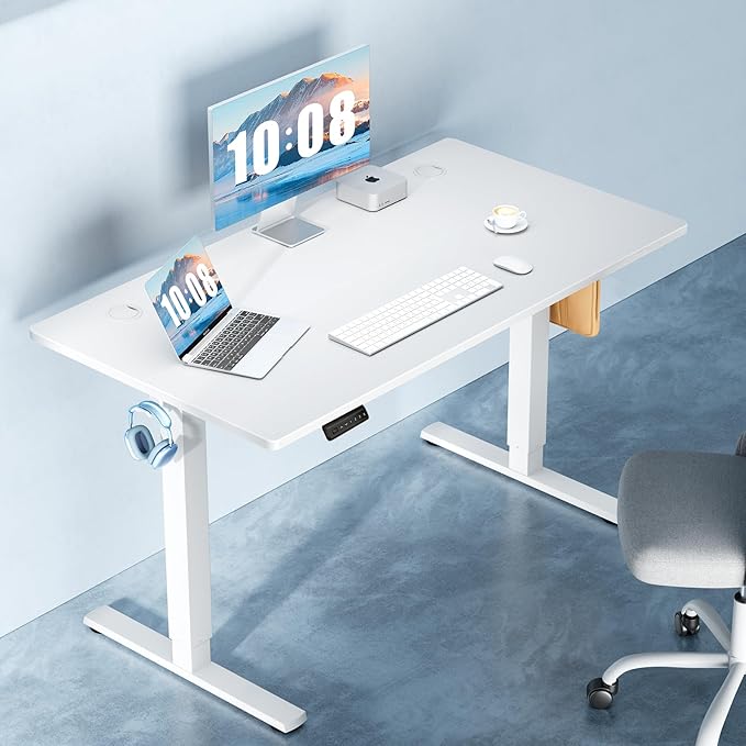 DUMOS 55 Inch Electric Standing Desk Height Adjustable, Sit to Stand Computer Workstations Large Work PC Table Home Office Writing Gaming Desks with Memory Presets for Walking Pad, Bedroom, White