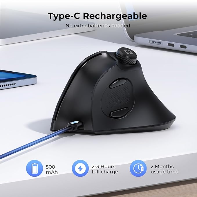 seenda Ergonomic Mouse Wireless, MOU-302 Bluetooth Vertical Mouse Rechargeable, Optical Mice with 1000/1600/2400 DPI, Volume Knob, 3 Multi-Device Connectivity for Computer/PC/Laptop/Mac, Black