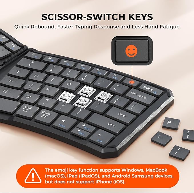 MEETION New Ergonomic Bluetooth Foldable Keyboard, Split Compact Portable Wireless Keyboard for Business Travel, Rechargeable Folding Keyboard for Tablet PC Smartphone iOS Android Windows Mac Black