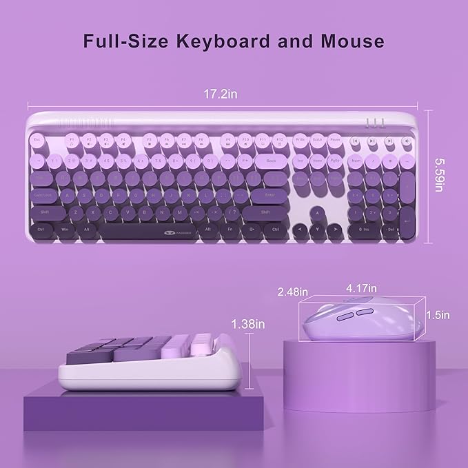 MageGee V920 Wireless Keyboard and Mouse Combo, 2.4G Full-Sized Retro Typewriter Keyboard with Round Keycaps & Auto-Sleep Mode, Cute Computer Keyboard and Cordless Optical Mouse for Laptop/PC (Purple)