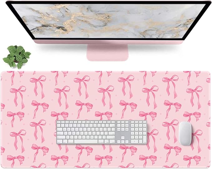 Pink Desk Mat with Bows, Cute Bow Mouse Pad for Computer Laptop PC Non-Slip Rubber Base Gaming Keyboard Pad, Large Office Mat Girly Décor Office Supplies Accessories for Teen Girls Women 35.4 x 15.7in