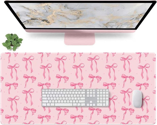 Pink Desk Mat with Bows, Cute Bow Mouse Pad for Computer Laptop PC Non-Slip Rubber Base Gaming Keyboard Pad, Large Office Mat Girly Décor Office Supplies Accessories for Teen Girls Women 35.4 x 15.7in