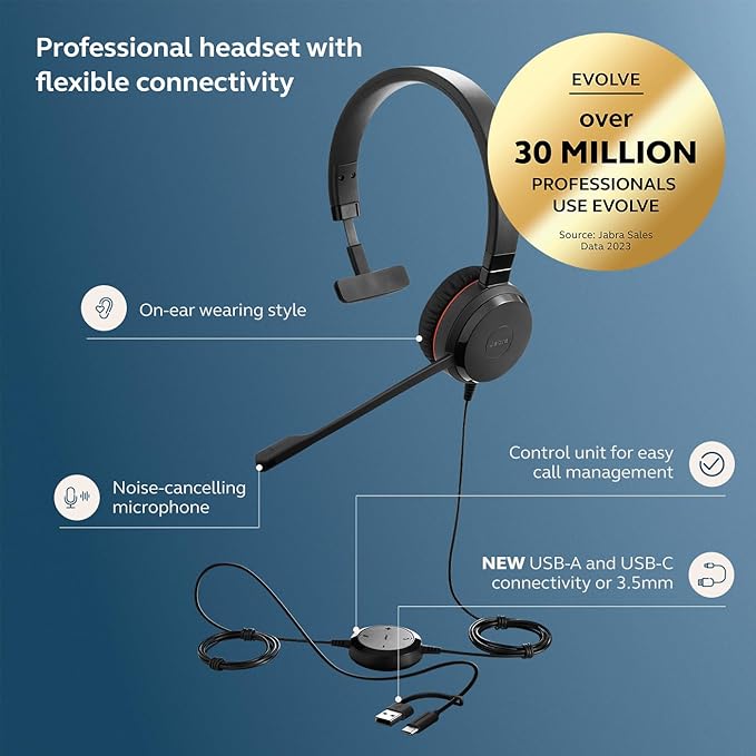 Jabra Evolve 30 II (2025 Edition) Wired Single-Ear Headset with Mic for Work - 3.5mm Jack, USB-A/USB-C Connectivity, with Noise-Cancelling Microphone, Microsoft Teams Certified, Call Control - Black