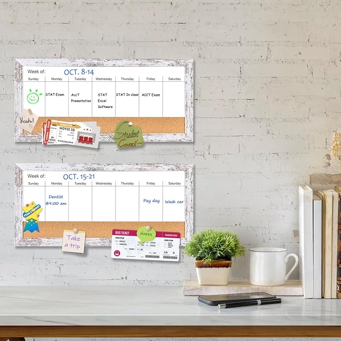 Magnetic Weekly Dry Erase White Board and Cork Board, White Wood Frame，Magnetic Surface Whiteboard for Home Office and Wall Decor(ZHZL-2040WH)