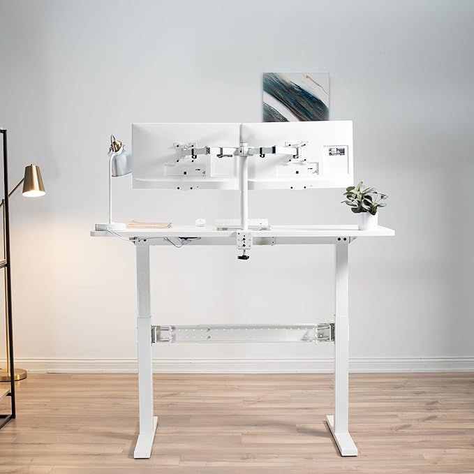 VIVO White Universal Steel Clamp-on Desk Stabilizer Bar for Sturdy Reinforced Workstation, 36 to 61.6 inch Bracket Support System for Sit to Stand Desk Frames, Expandable Width Adjustment, DESK-STB01W