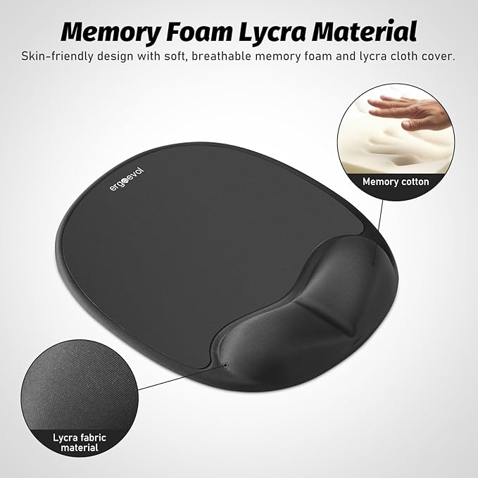 Ergonomic Mouse Pad with Skin-Friendly Lycra Memory Foam Wrist Rest, Easy-to-Clean Smooth PP Surface, and Non-Slip PU Base – Ideal for Vertical, Ergonomic, and Office Mice (Jet Black)