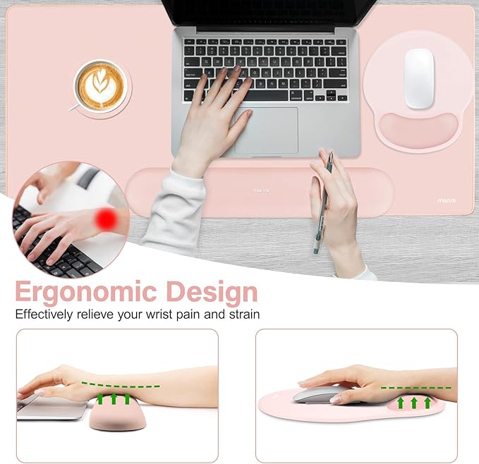 MOSISO Wrist Rest for Keyboard Mouse Pad Set, Large Gaming Deskpad&Circle Curved Mousepad&Keyboard Wrist Rest&Coaster, Ergonomic Non-Slip Mousepad&Easy Typing Pad with Silicone Lining, Baby Pink