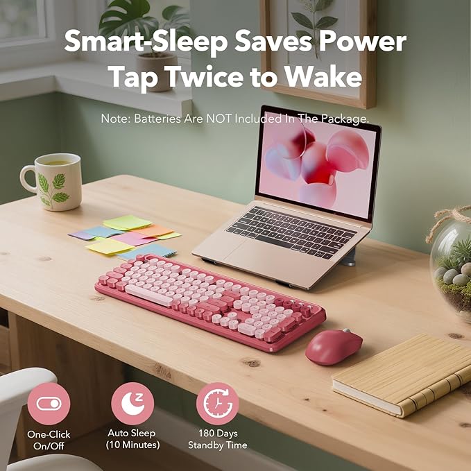 Wireless Keyboard and Mouse Combo, Cute Full-Size Typewriter-Style Keyboard, Retro Round Keycaps, Phone/Tablet Holder, 3-Level DPI Mouse, 2.4GHz Cordless for Mac Windows PC Laptop, Trueque CK13, Pink