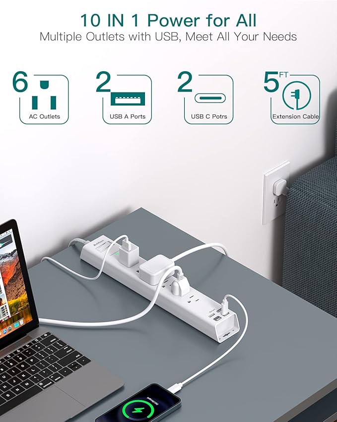 Power Strip Surge Protector with USB C - Flat Plug Extension Cord with 6 AC Outlets 4 USB (2 USB C), Wall Mount, 5ft, 900 J, Multi Plug Outlet Extender for Home Office Dorm Room Essentials