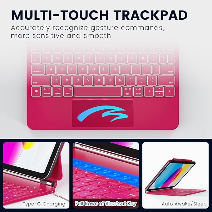 for iPad 11th(A16, 2025)/10th Generation Case with Keyboard, Magic Keyboard 2022, Springy Backlit Keys, Stain-Resistant Surface, Multi-Touch Trackpad, Azalea Red