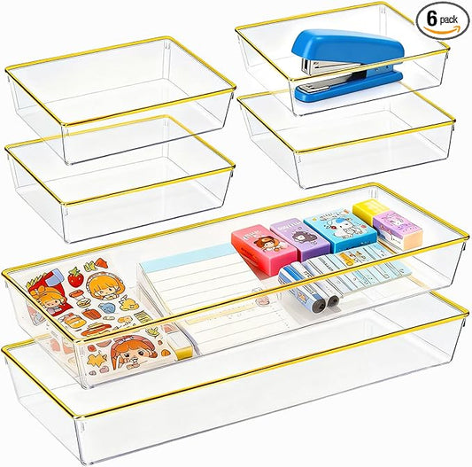 6 Pack Large Size Clear Stackable Drawer Organizer Trays, Gold Rim Makeup Drawer Storage Tray Divider, Desk Storage for Makeup, Jewelry, Bathroom, Stationary, Kitchen Utensils and Office Desk