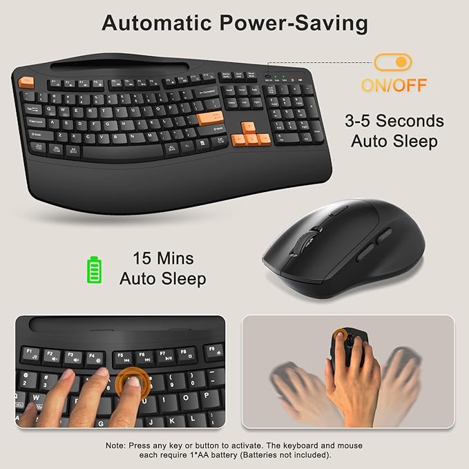 Wireless Keyboard and Mouse Combo, 2.4G Full Size Wave Keys Ergonomic Keyboard with Wrist Rest, Phone Holder, 3-Level DPI Wireless Silent Mouse with 6-Buttons, for Windows, Mac OS (Orange Black)