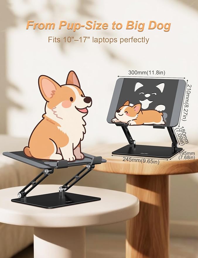 Laptop Stand for Desk-Adjustable, Foldable, Portable, Ergonomic Aluminum Notebook Riser with Unique Puppy Cooling Vent, Desk Gift for 10"-17.3" Devices Mac, Dell, HP, Lenovo, Samsung, Black