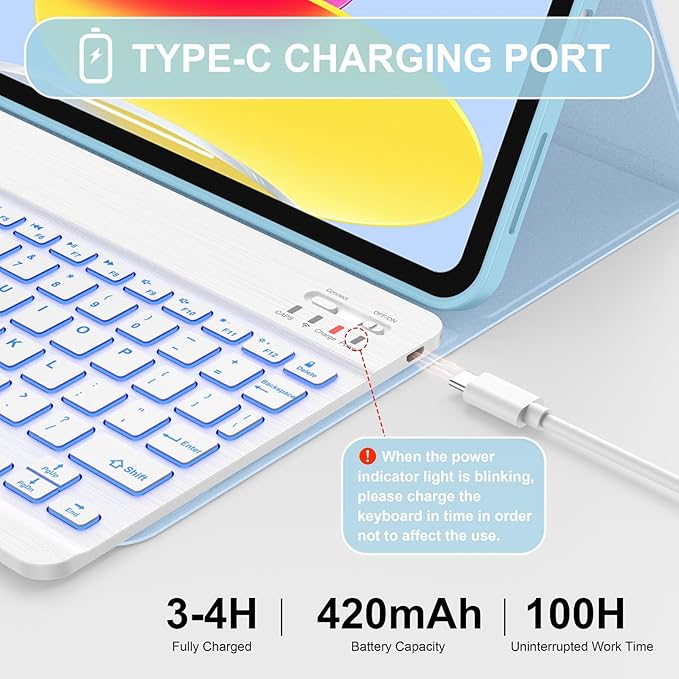 Soke for iPad (A16) 11th/10th Generation Case with Keyboard(2025/2022)-7 Color Backlight Wireless Detachable Folio Keyboard Cover with Built-in Pencil Holder for iPad 11/10.9 inch, Ice Blue
