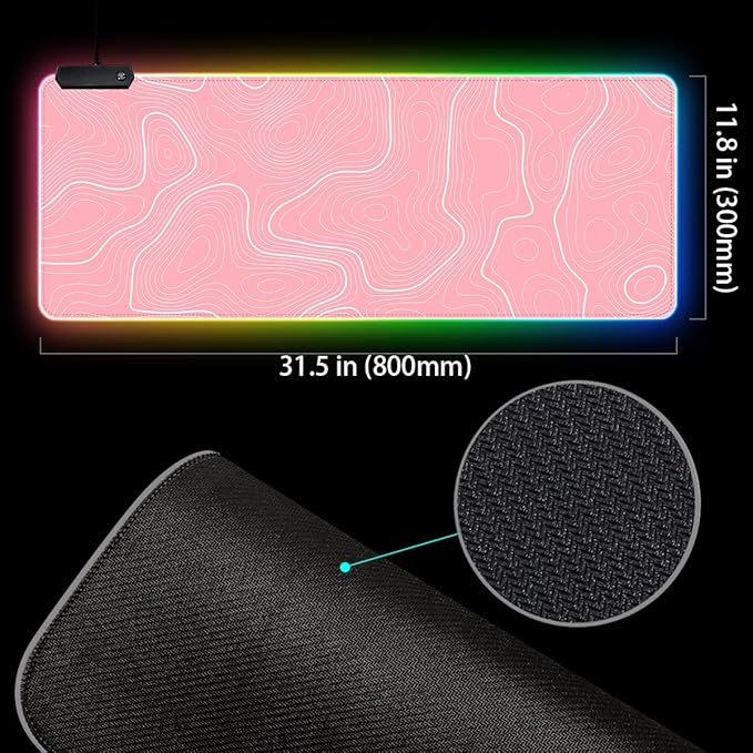 Pink RGB Mouse Pad LED Desk Mat Large Gaming Mousepad Pink and White Line Design, Keyboard Pad XL Mouse Mat for Home and Office