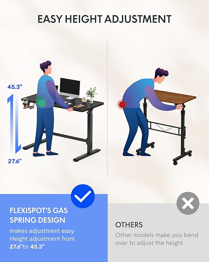 FLEXISPOT H7 Plus Gas Spring Adjustable Standing Desk, Mobile Rolling Sit-Stand Table with Wheels, Cordless Stand Up Desk for Small Spaces & Home Office, 48" One-Piece Desktop Black,Height 27.6"–45"