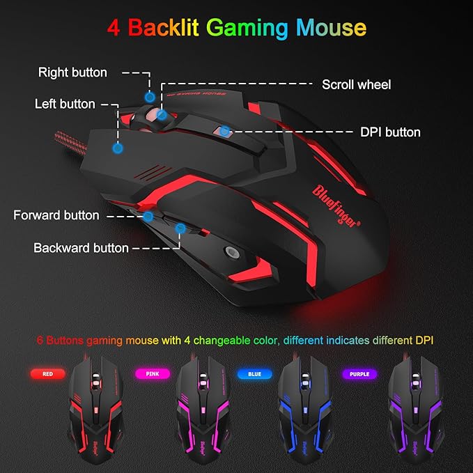 BlueFinger RGB 87 Keys Gaming Keyboard and Backlit Mouse Combo, USB Wired Rainbow Keyboard, Gaming Keyboard Set for Laptop PC Computer Game and Work(Black & Gray)