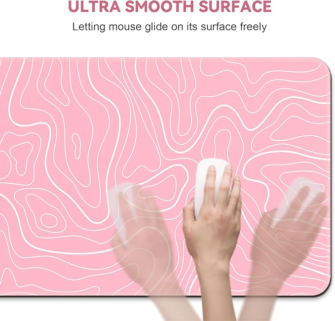 Gaming Mouse Pad 31.5 x 11.8in Large Mouse Pad with Anti-Slip Rubber Base（Pink with White Topographic Line）