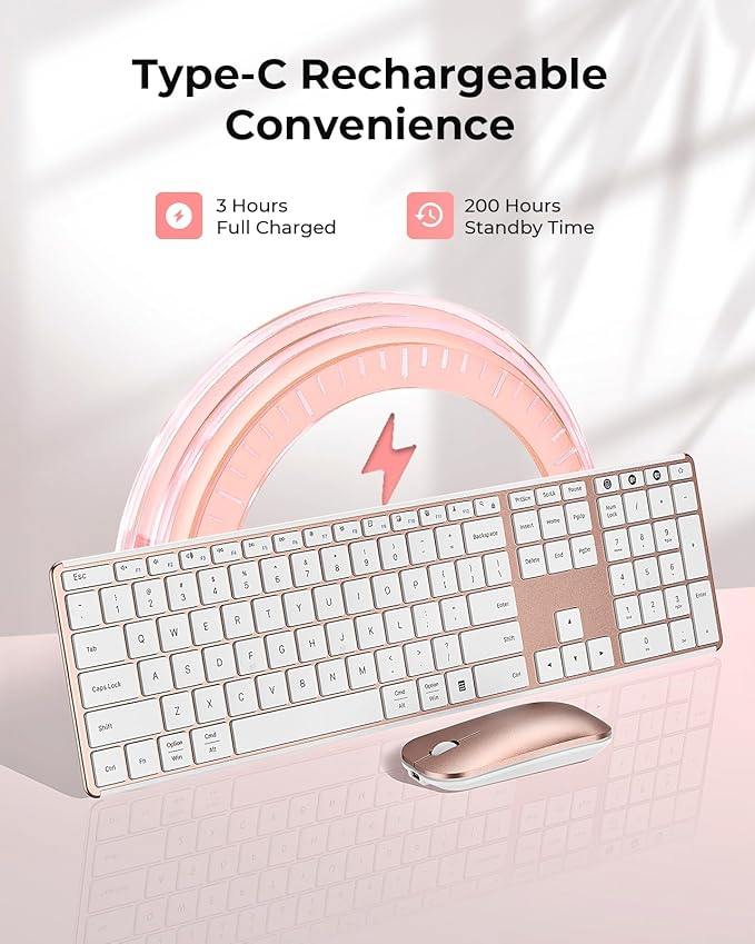 seenda Wireless Bluetooth Keyboard and Mouse Combo, SKM64-3 Rechargeable Slim Quiet Keyboard Mouse, 3 Multi-Device Connection, Compatible for Windows, Mac, MacBook, iPad, Tablet, White Rose Gold