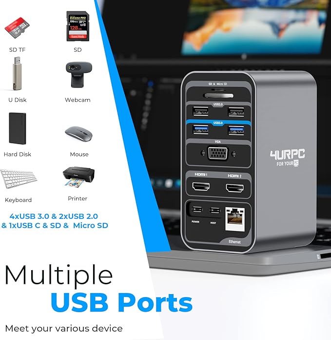 4URPC USB C Docking Station Dual Monitor, Dual HDMI USB C Dock, Laptop Docking Station with 2 HDMI Ports, VGA, 7 USB, 65W Power Adapter, Ethernet, SD/TF, Audio/Mic for Windows, and ChromeOS