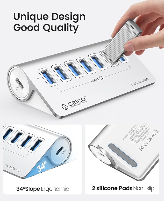 ORICO Powered USB Hub 10Gbps, 7 Port USB 3.2 Gen 2 Hub with 7 USB 3.2 Data Ports, 5V 3A Power Supply Interface, 1.64Ft USB C to C Cable and USB-A Adapter, Aluminum USB Data Hub for Laptop