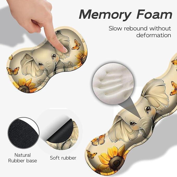 Gaming Mouse Pad Set, Cute Elephant Large Desk Mat Mousepad, Keyboard Wrist Support, Mouse Wrist Rest, Coaster 4in1 Ergonomic Memory Foam, Non-Slip Stitched Edge for Home Office