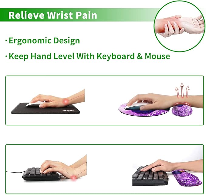 Ergonomic Keyboard Wrist Rests Gel Memory Foam Mouse Pad with Round Mousepad + Coasters, Wrist Support Set with Non Slip Base for Gaming Office Laptop Easy Typing & Pain Relief, Purple African Girl
