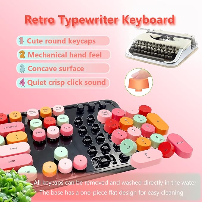 Wireless Keyboard and Mouse Combo, Ergonomic Cute Retro Typewriter Full Size Colorful USB Cordless Keyboard Mouse Set for Gaming and Office (Red)