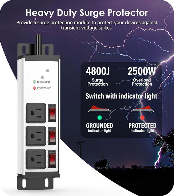 CCCEI 3 Outlet Heavy Duty Surge Protector Power Strip 20 Amp Individual Switches. 12 Gauge Extension Cord, Overload, Ground Protection. Garage Wall Mount Electric Extender, 4FT, Silver.