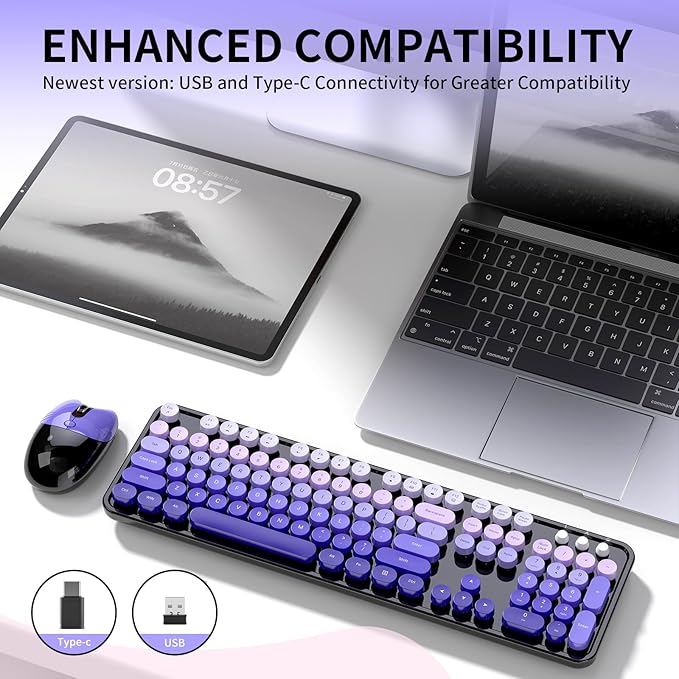 Wireless Keyboard and Mouse, 104 Round Keycaps Retro Typewriter with OTG & Brush, Full-Size Ergonomic, Ideal for Windows PC, Home, Office and College Purple Pink